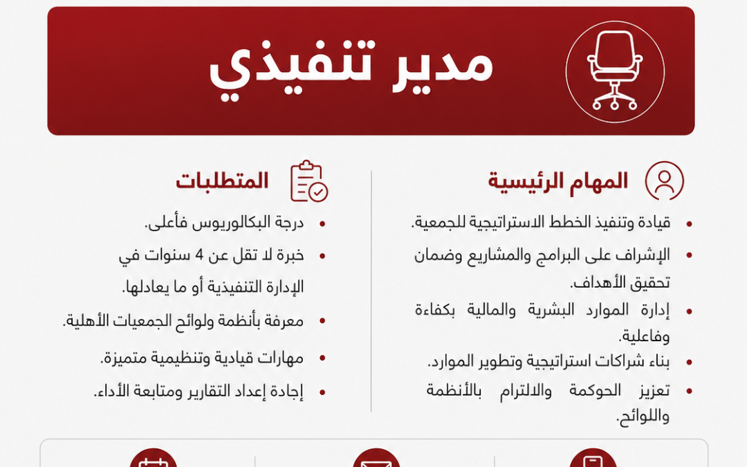 جمعية هدية عالم تعلن عن شاغر وظيفي بمسمى «مدير تنفيذي»